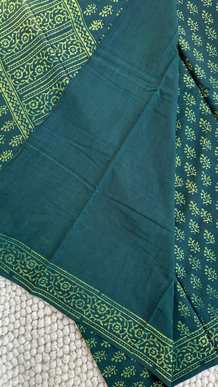 AKOLA INDIGO GREEN HAND BLOCK DABU PRINTED SOFT MULMUL COTTON SAREE- 033