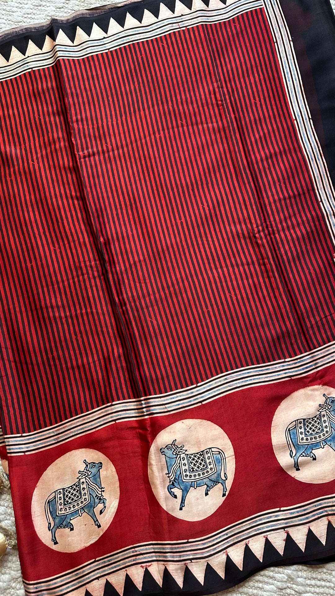 RED AND BLACK STRIPED PICHWAI - PREMIUM  AJRAKH HAND BLOCK PRINTED MODAL SILK SAREE (AVAILABLE ON PRE-ORDER - DISPATCH TIME IS 30-35 DAYS)