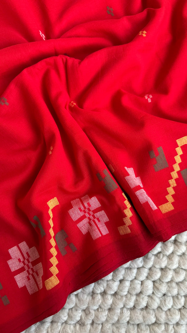 PREMIUM NEEDLE WORK JAMDANI HANDWOVEN COTTON SAREE - CLASSIC RED