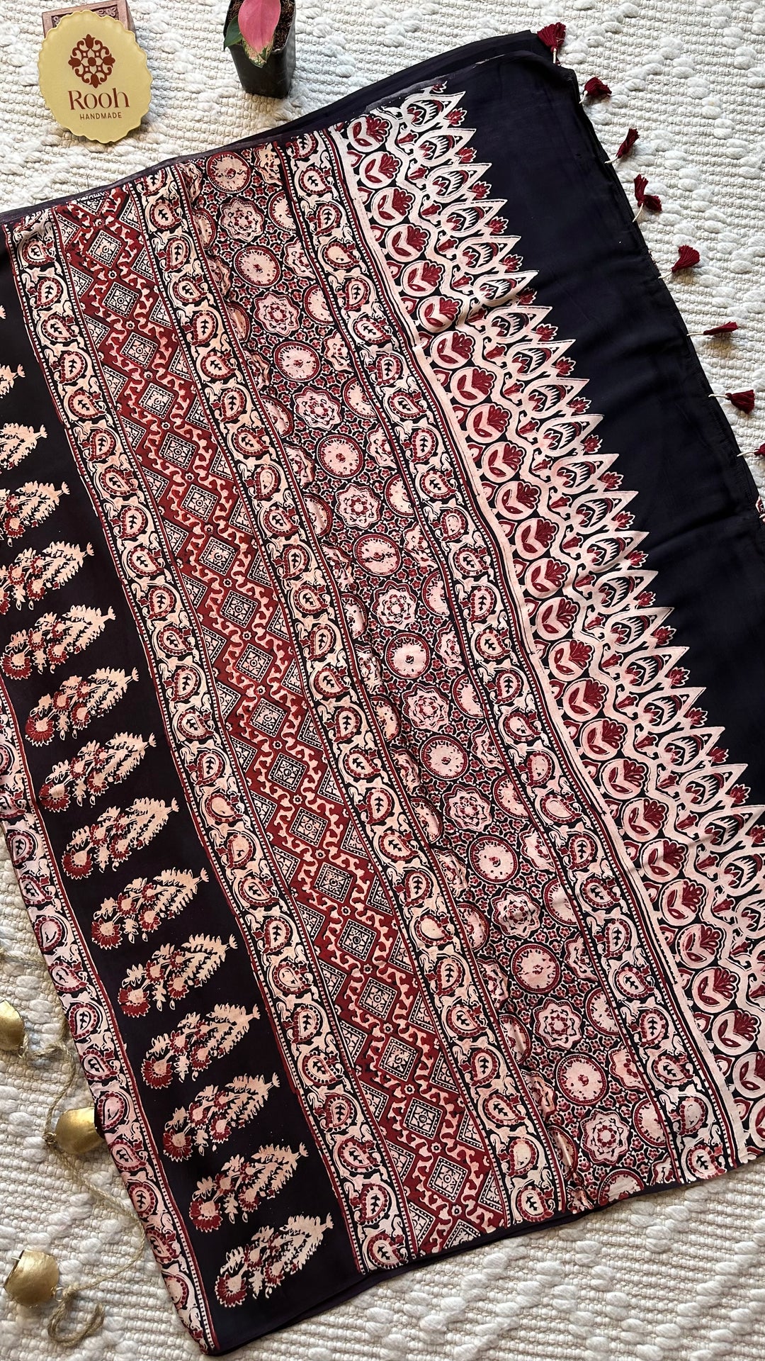 BLOSSOMS ON MIDNIGHT BLACK- SUPER PREMIUM & BUTTERY SOFT AJRAKH HAND BLOCK PRINTED MODAL SILK SAREE