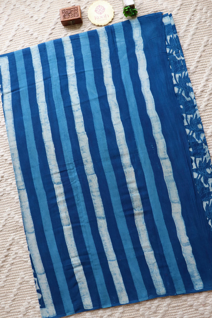 AKOLA INDIGO HAND BLOCK DABU PRINTED SOFT MULMUL COTTON SAREE- 002