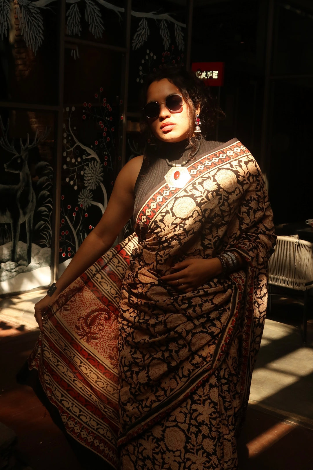 VANIKA - FLORAL BAGRU HAND BLOCK PRINTED SOFT MULMUL COTTON SAREE