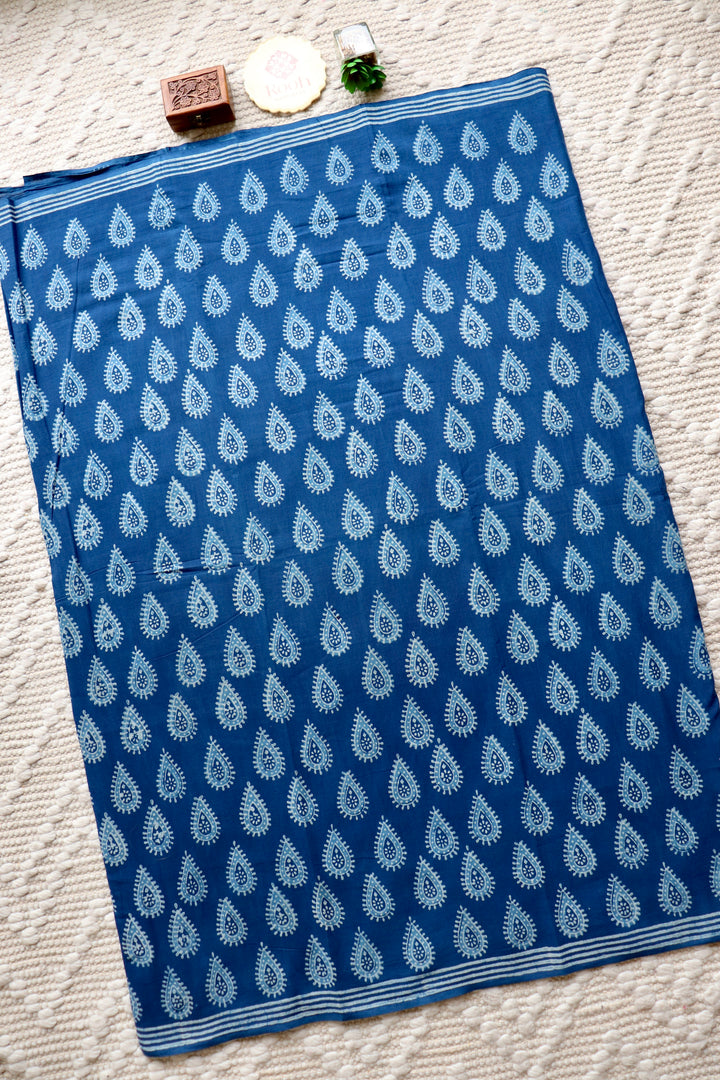 AKOLA INDIGO HAND BLOCK DABU PRINTED SOFT MULMUL COTTON SAREE- 021