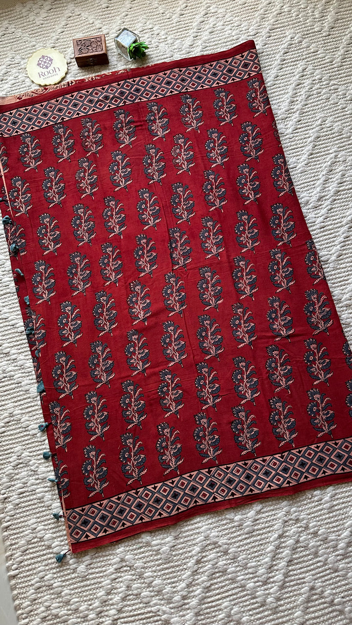 PREMIUM AJRAKH HAND BLOCK PRINTED PURE SOFT COTTON SAREE- 001