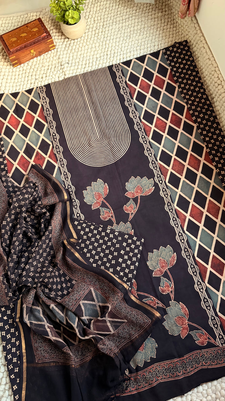 AJRAKH HANDBLOCK PRINTED UNSTITCHED DRESS MATERIAL (SET OF THREE)- CHARCOAL BLACK