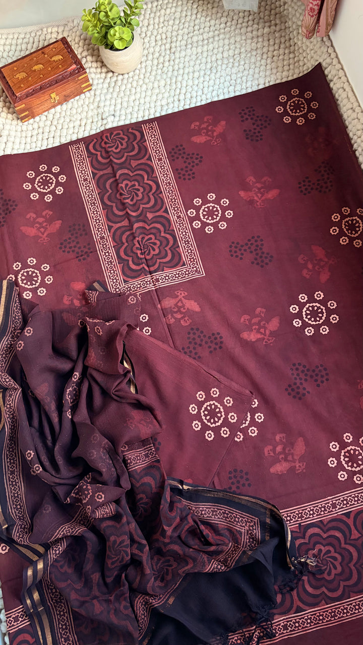 AJRAKH HANDBLOCK PRINTED UNSTITCHED DRESS MATERIAL (SET OF THREE)- RUSTY BROWN