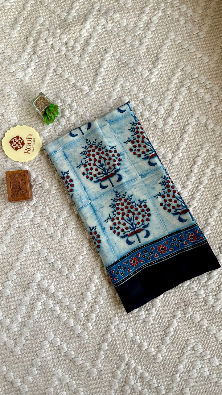 INDIGO PANES - PREMIUM AJRAKH HAND BLOCK PRINTED MODAL SILK SAREE