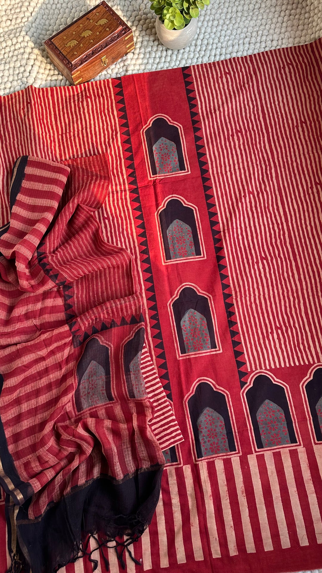 AJRAKH HANDBLOCK PRINTED UNSTITCHED DRESS MATERIAL (SET OF THREE)- MADDER RED LOVE