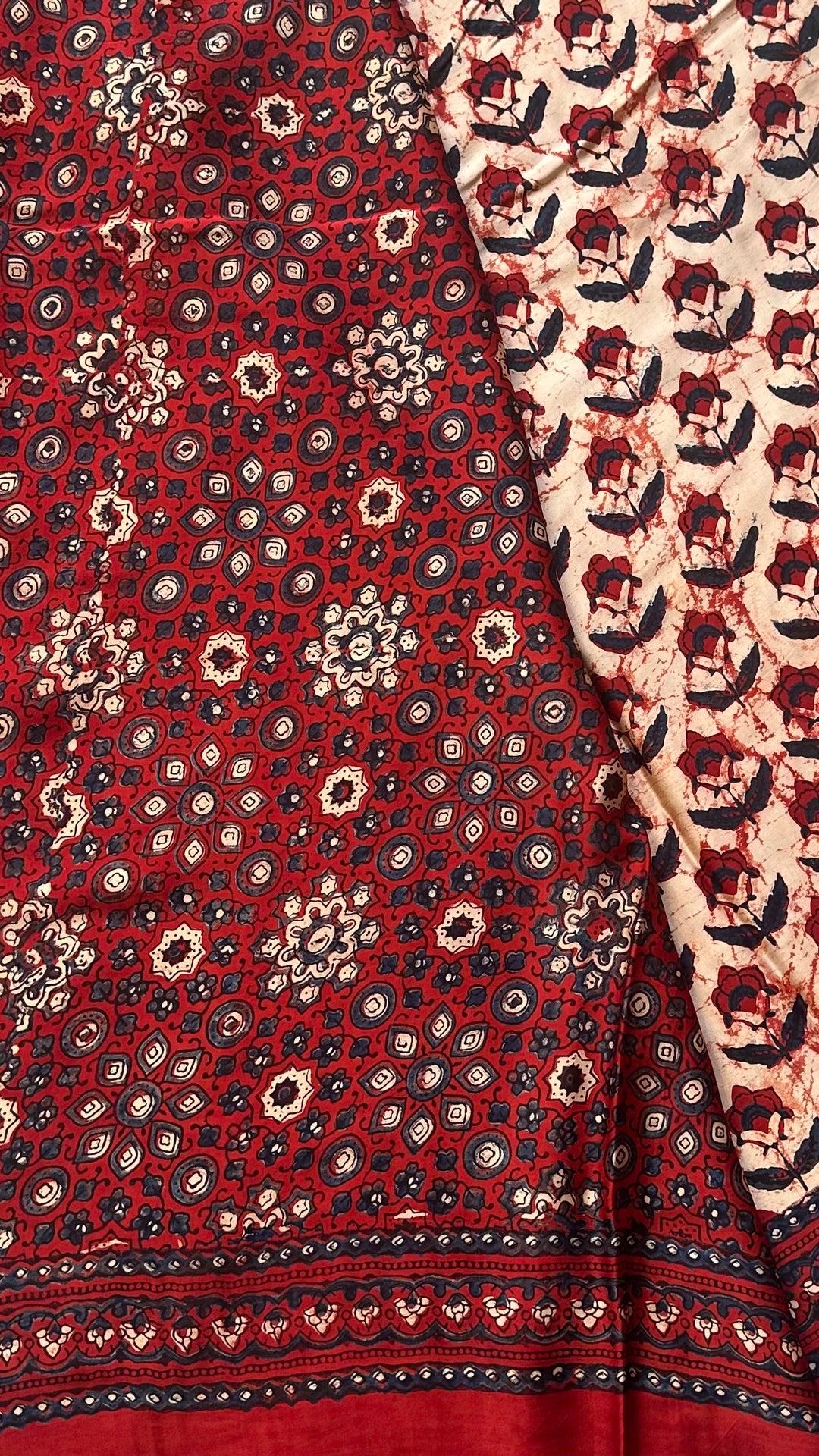HUES OF AUTUMN- SUPER PREMIUM & BUTTERY SOFT AJRAKH HAND BLOCK PRINTED MODAL SILK SAREE (DISPATCH TIME IS 5 TO 7 DAYS)