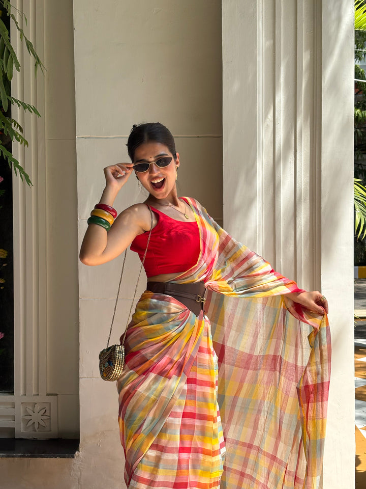 HANDWOVEN MULTICOLOUR CHECKERED MULMUL COTTON SAREE - 04 (DISPATCH TIME - 7 TO 10 DAYS)