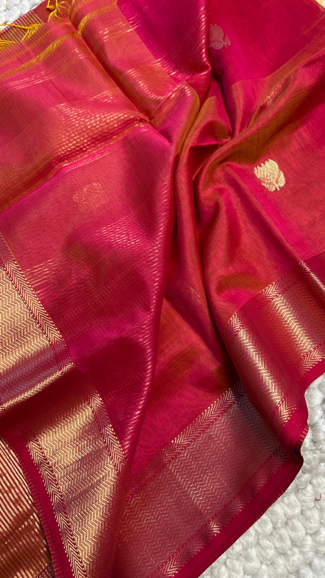 HOT PINK & ORANGE DUAL TONE- PREMIUM HANDWOVEN MAHESHWARI SILK BY COTTON SAREE (DISPATCH TIME IS 10-15 DAYS)