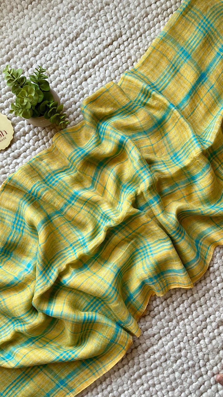 Multi Colour Checked Pure Handwoven Linen Saree - 005