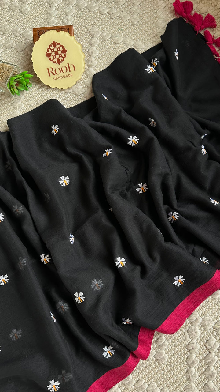 SHIULI - BLACK WITH PINK BORDER SUPER SOFT MUL COTTON SAREE (DISPATCH TIME- 7 TO 10 DAYS)