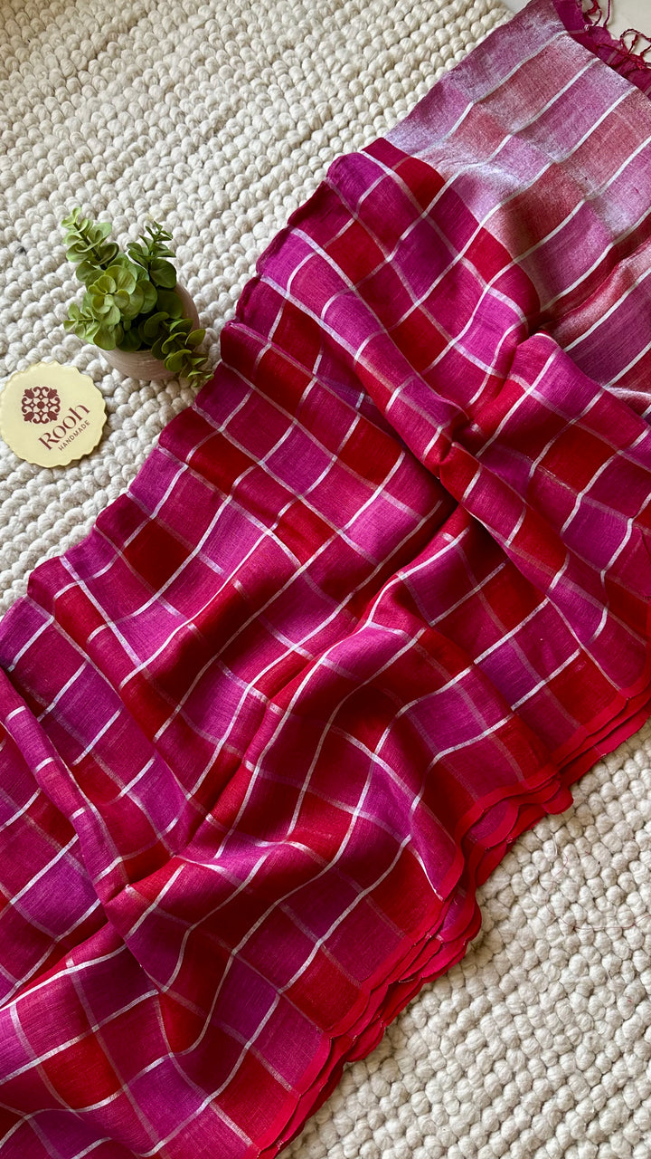 Multi Colour Checked Pure Handwoven Linen Saree - 004
