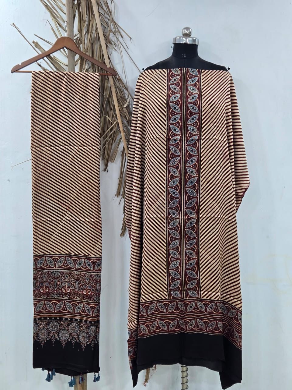 AJRAKH HANDBLOCK PRINTED UNSTITCHED DRESS MATERIAL (SET OF TWO)- IVORY LINES