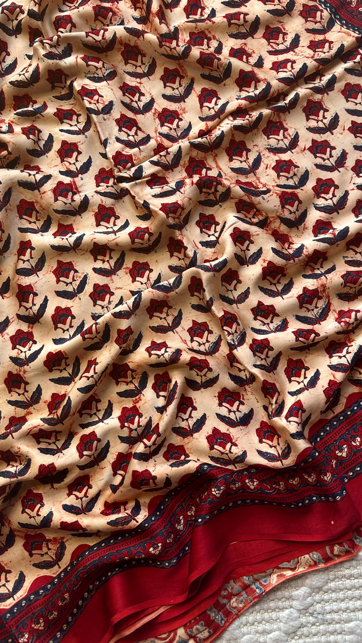 HUES OF AUTUMN- SUPER PREMIUM & BUTTERY SOFT AJRAKH HAND BLOCK PRINTED MODAL SILK SAREE (DISPATCH TIME IS 5 TO 7 DAYS)