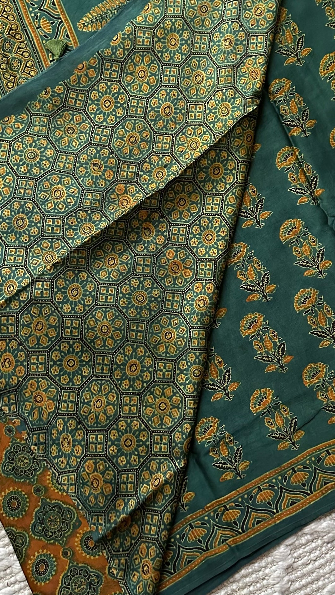 MAHIKA - DEEP GREEN PREMIUM AJRAKH HAND BLOCK PRINTED MODAL SILK SAREE