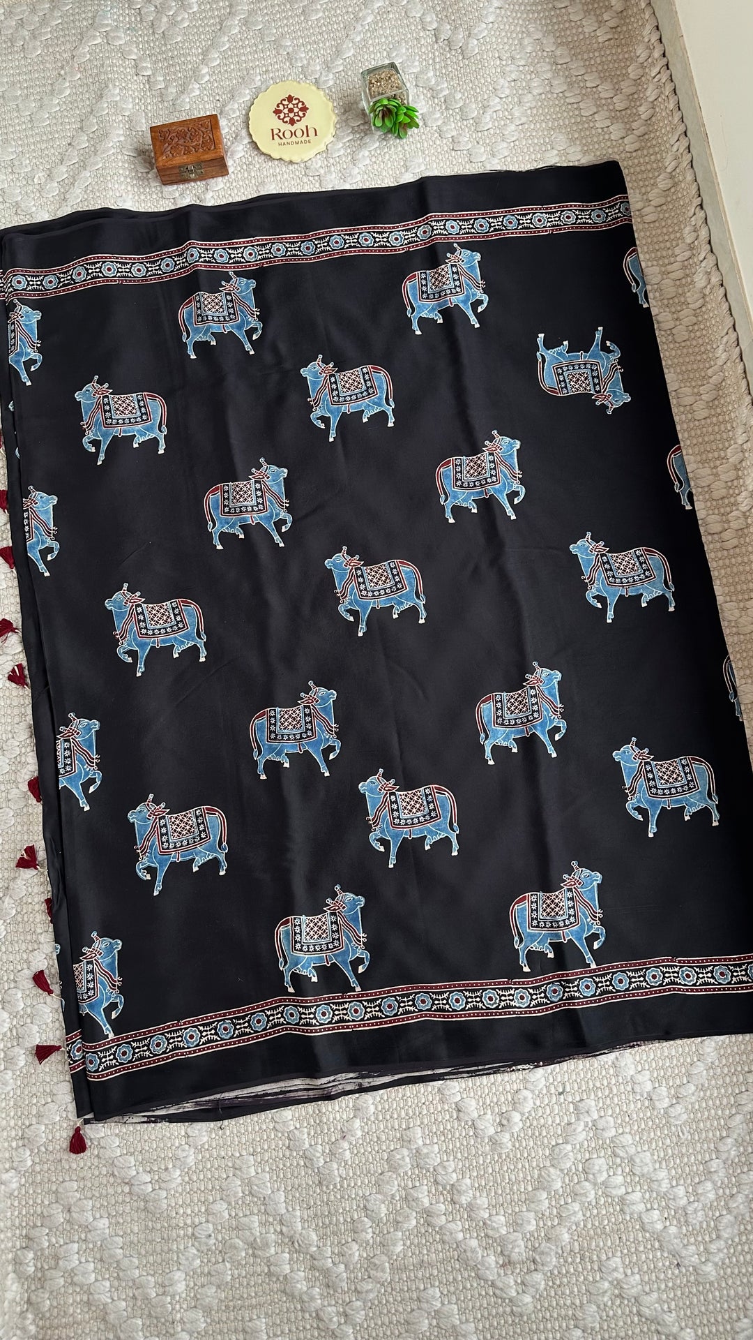 BLUE NANDI PICHWAI - BLACK PREMIUM AJRAKH HAND BLOCK PRINTED MODAL SILK SAREE (ONLY AVAILABLE ON PRE ORDER - DISPATCH TIME IS 30-40 DAYS)