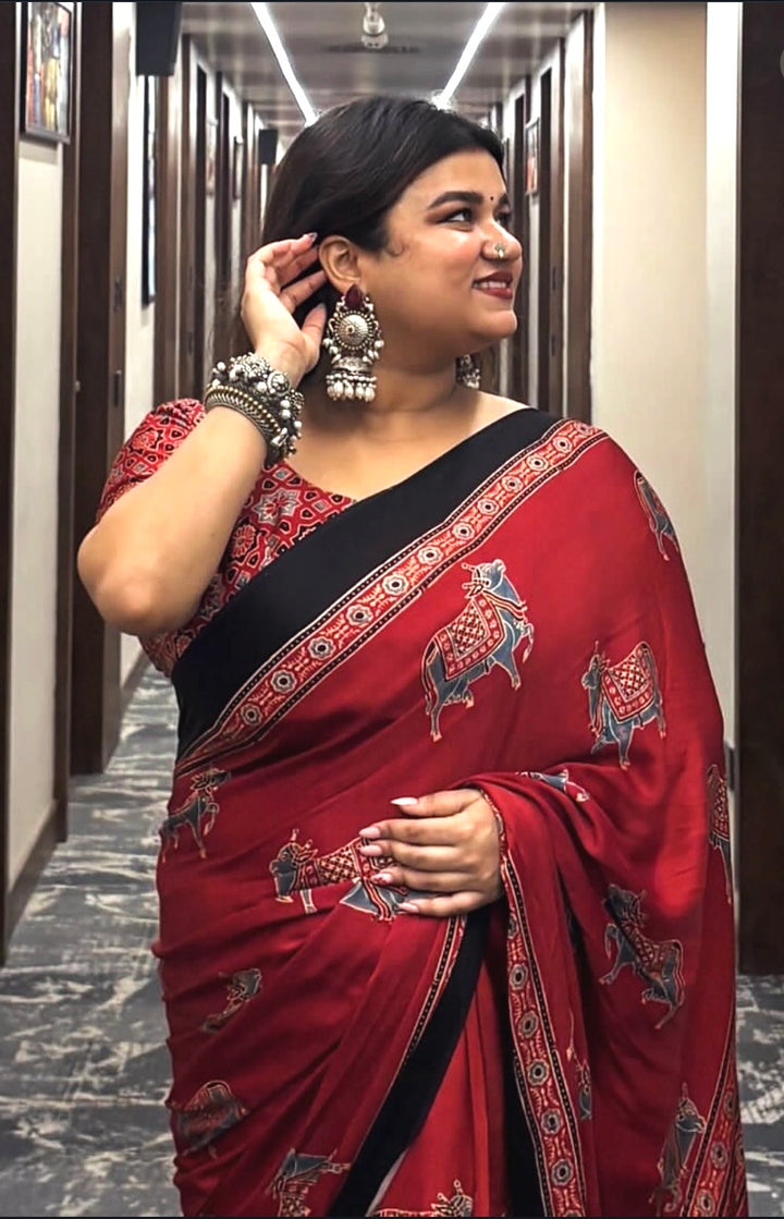 MADDER RED & INDIGO PICHWAI NANDI - AJRAKH HAND BLOCK PRINTED MODAL SILK SAREE