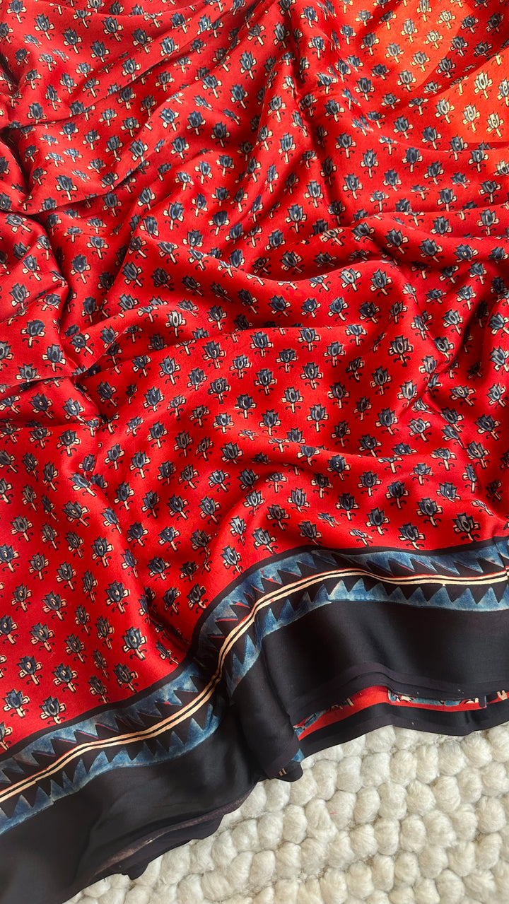 LOTUS ON MADDER RED - PREMIUM AJRAKH HAND BLOCK PRINTED PREMIUM MODAL SILK SAREE