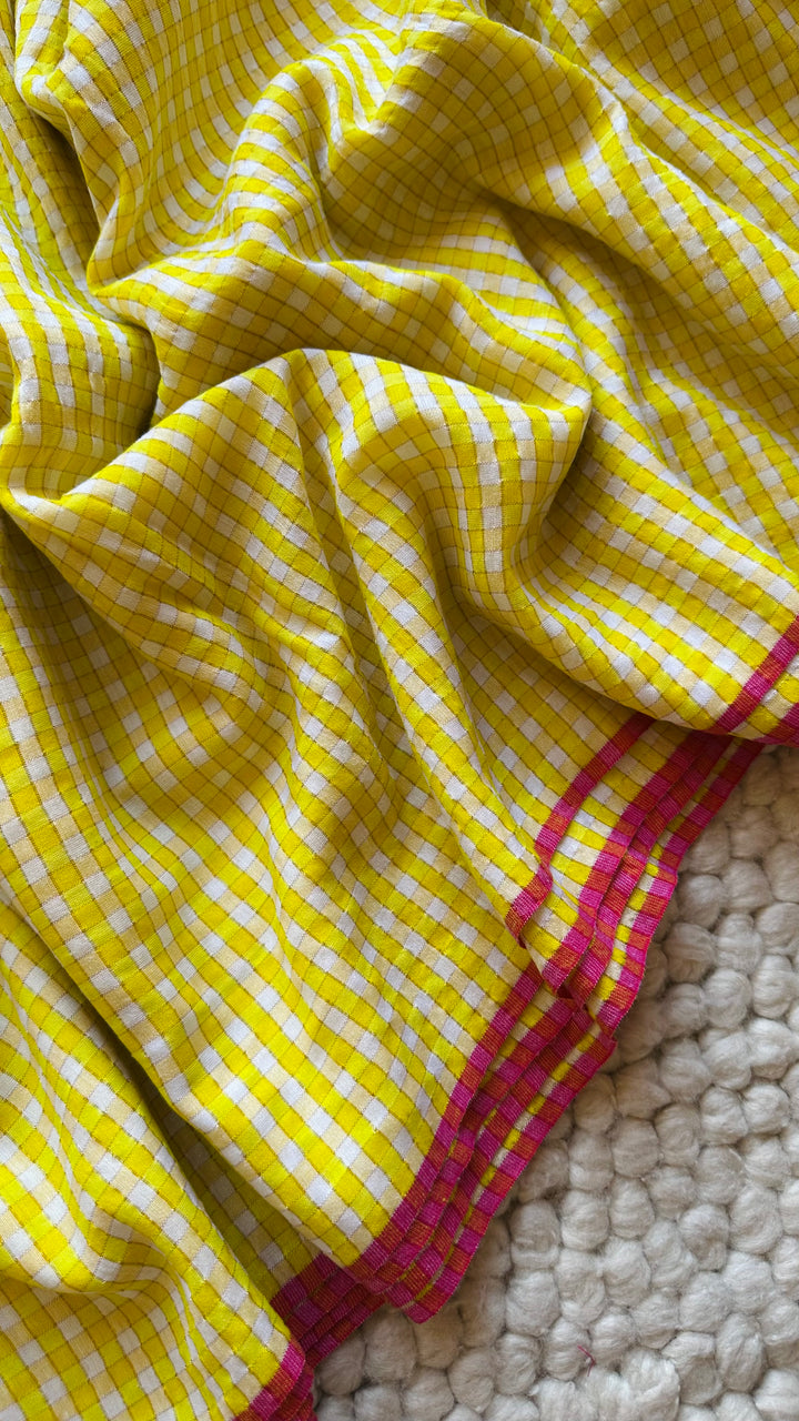 HANDWOVEN LEMON-YELLOW ZARI CHECKS PURE MULMUL COTTON SAREE (DISPATCH TIME IS 15-20 DAYS)