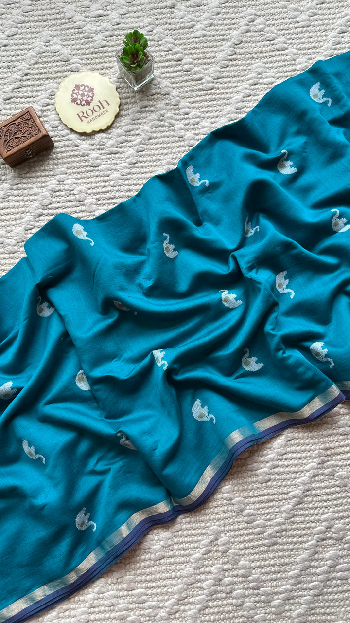 PREMIUM JAMDANI WEAVE HANDWOVEN PURE SILK BY PURE COTTON SAREE - TEAL BLUE
