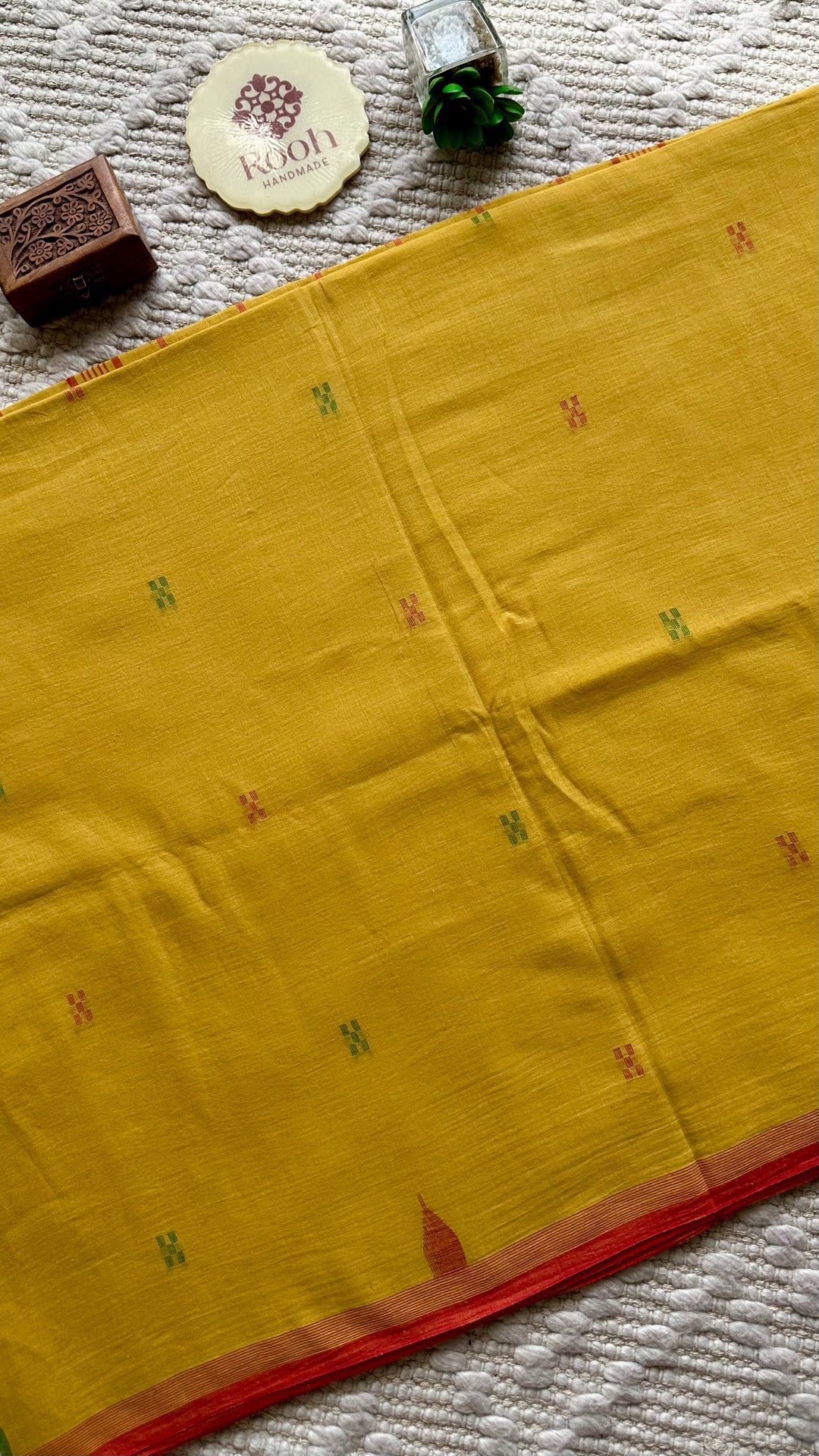 PREMIUM JAMDANI WEAVE HANDWOVEN AND HANDSPUN COTTON SAREE -  AMBER YELLOW