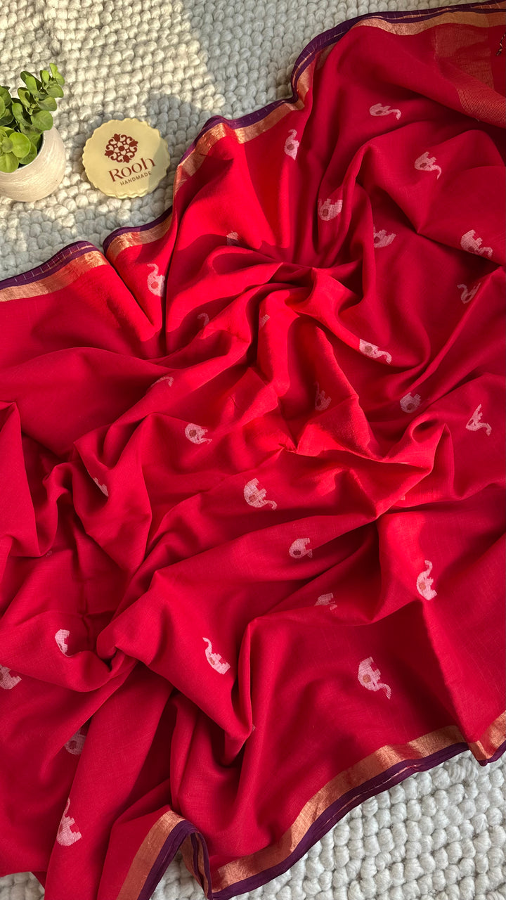 PREMIUM JAMDANI WEAVE HANDWOVEN AND HANDSPUN COTTON SAREE - CANDID RED