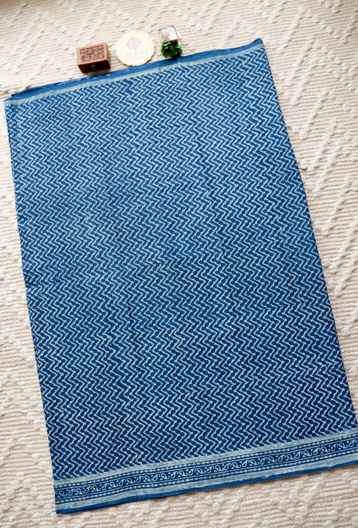 AKOLA INDIGO HAND BLOCK DABU PRINTED SOFT MULMUL COTTON SAREE- 023