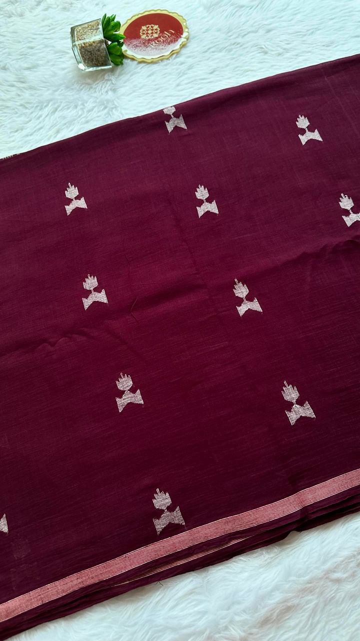 PREMIUM JAMDANI WEAVE HANDWOVEN AND HANDSPUN COTTON SAREE - BURGUNDY WINE