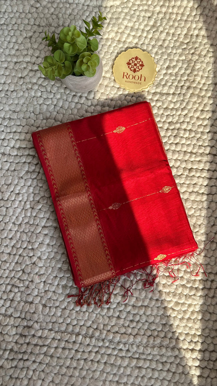 VERMILLION RED - SUPER PREMIUM HANDWOVEN MAHESHWARI PURE SILK COTTON SAREE