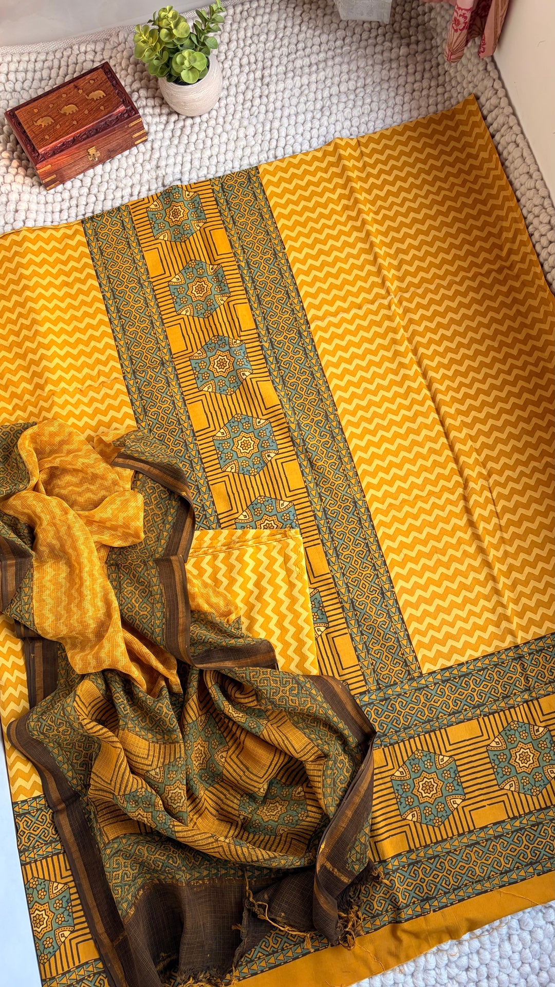 AJRAKH HANDBLOCK PRINTED UNSTITCHED DRESS MATERIAL (SET OF THREE)- YELLOW CHARM