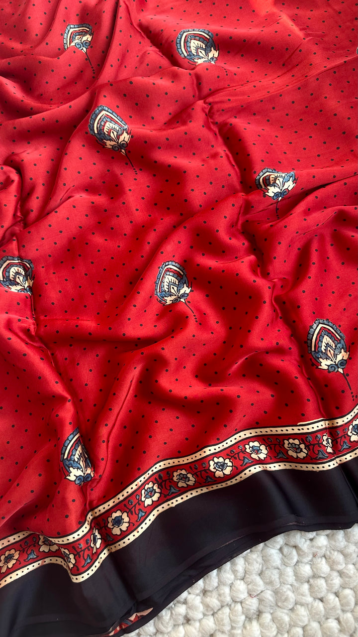 MADDER RED BLOOMS - PREMIUM HALF AND HALF AJRAKH HAND BLOCK PRINTED PREMIUM MODAL SILK SAREE