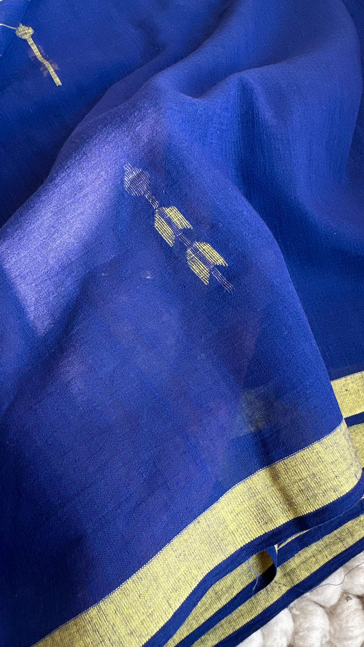 PREMIUM JAMDANI WEAVE HANDWOVEN AND HANDSPUN COTTON SAREE - SAPPHIRE BLUE