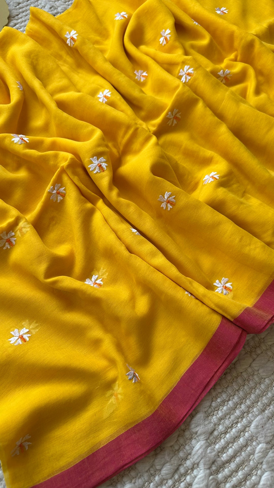 SHIULI - SUNSHINE YELLOW WITH PINK BORDER SUPER SOFT MUL COTTON SAREE (DISPATCH TIME - 7 TO 10 DAYS)