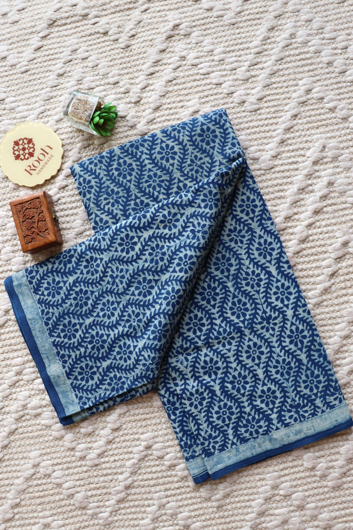 AKOLA INDIGO HAND BLOCK DABU PRINTED SOFT MULMUL COTTON SAREE- 024