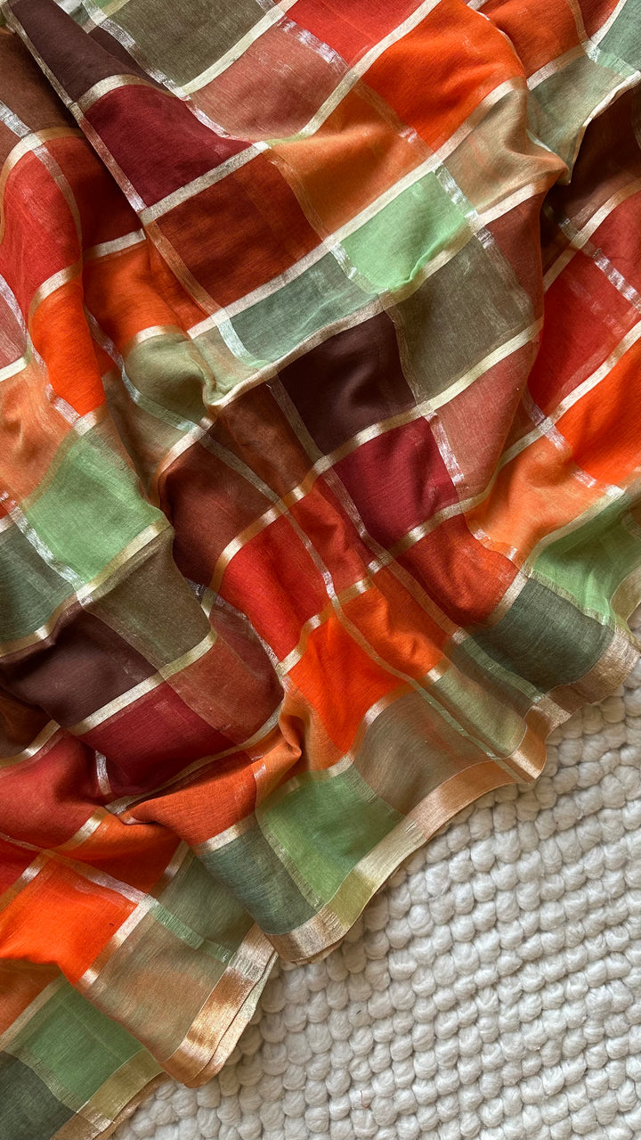 HANDWOVEN MULTICOLOUR CHECKERED MULMUL COTTON SAREE - 02 (DISPATCH TIME - 5 TO 7 DAYS)