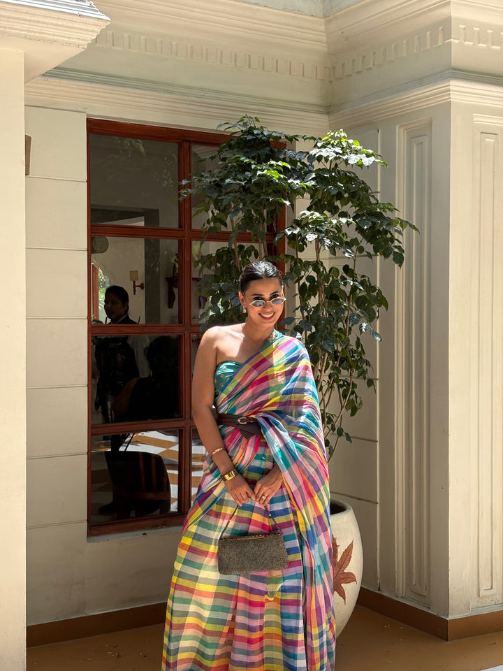 HANDWOVEN MULTICOLOUR CHECKERED MULMUL COTTON SAREE - 05 (DISPATCH TIME - 7 TO 10 DAYS)