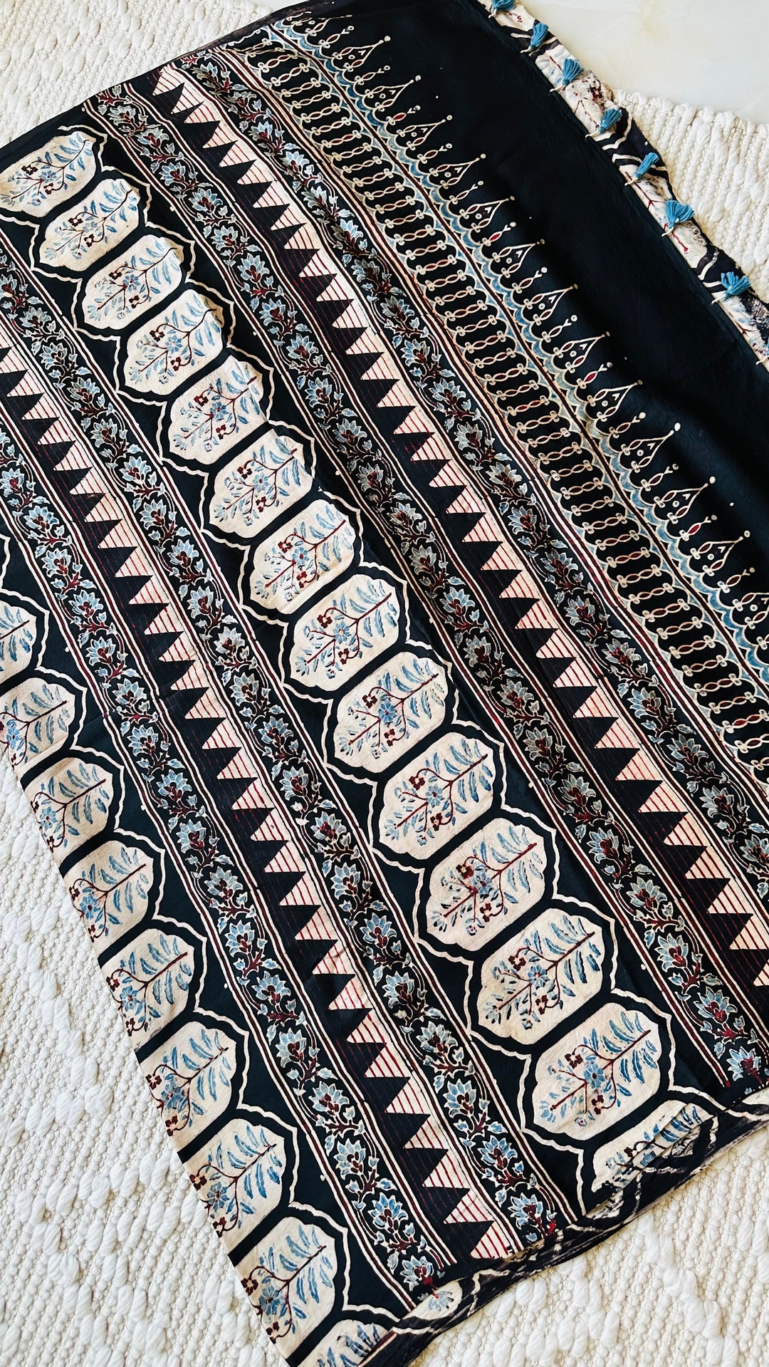 VRITIKA- BLACK STRIPED AJRAKH HAND BLOCK PRINTED PREMIUM MODAL SILK SAREE (ONLY AVAILABLE ON PRE ORDER- DISPATCH TIME IS 45-50 DAYS)