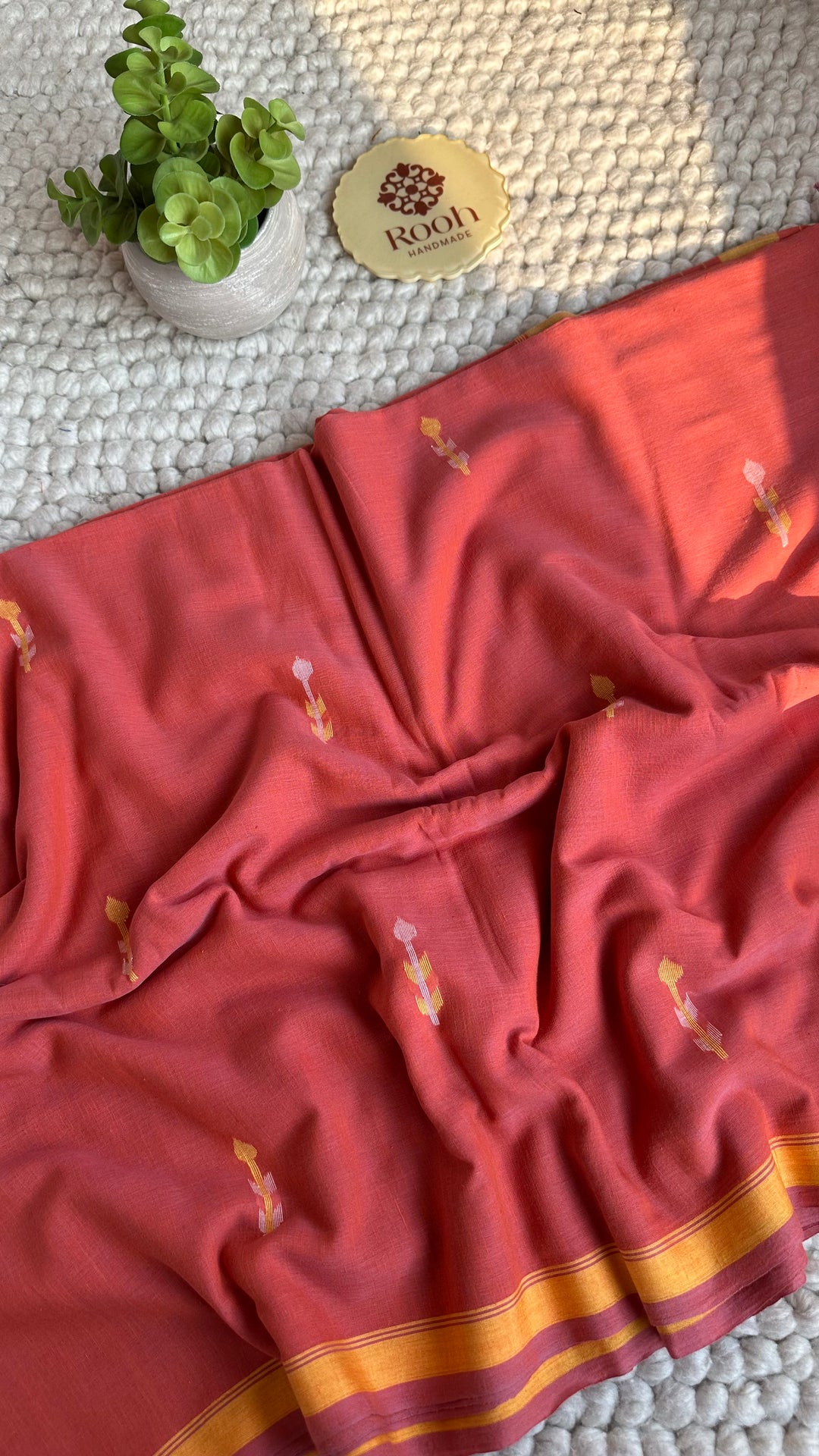 PREMIUM NEEDLE WORK JAMDANI HANDWOVEN AND HANDSPUN COTTON SAREE - PEACHY ORANGE