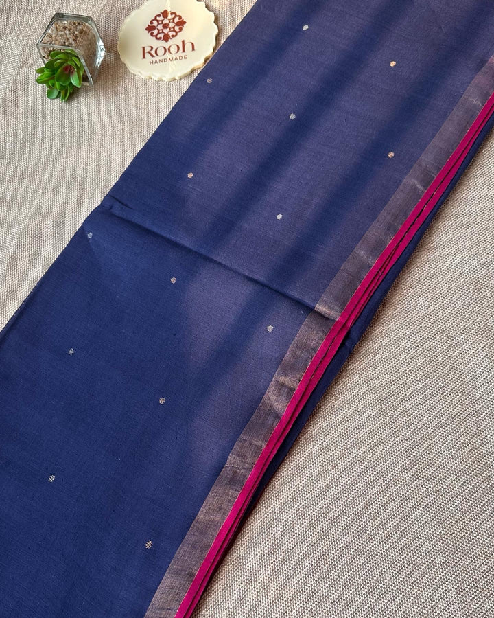 PREMIUM JAMDANI WEAVE HANDWOVEN AND HANDSPUN COTTON SAREE - PINK ON MIDNIGHT BLUE ( DISPATCH TIME IS 5-7 DAYS )