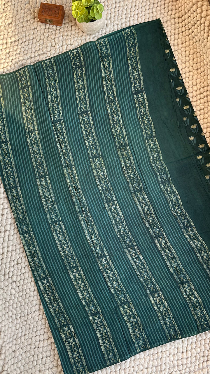 AKOLA INDIGO GREEN HAND BLOCK DABU PRINTED SOFT MULMUL COTTON SAREE- 032