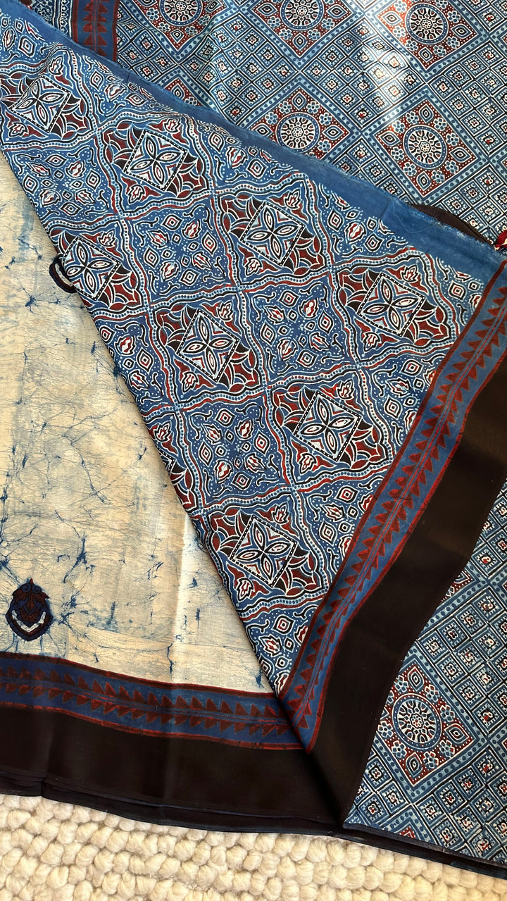 MARBLE INDIGO CHARMS  - AJRAKH HAND BLOCK PRINTED PREMIUM MODAL SILK SAREE
