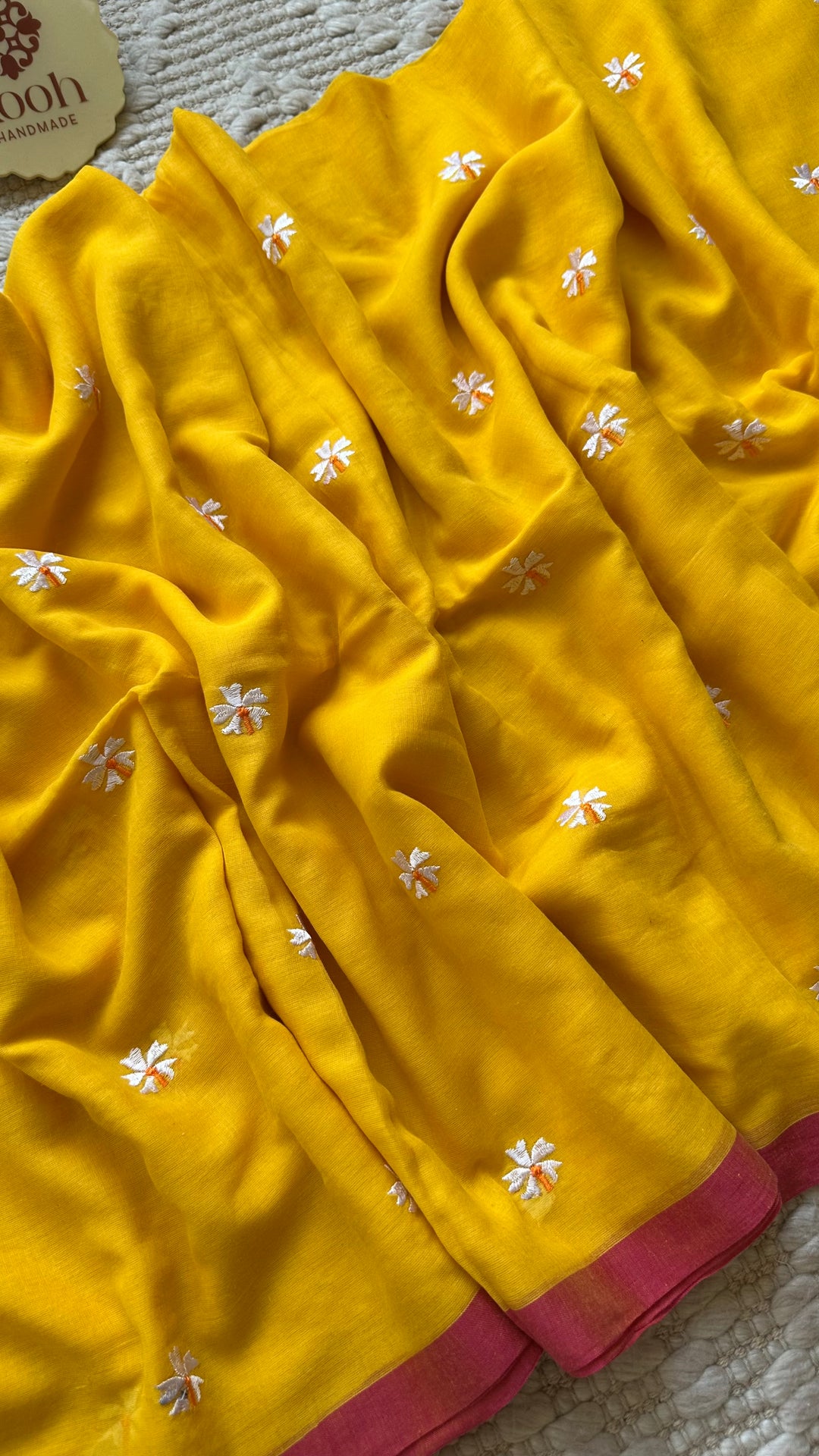 SHIULI - SUNSHINE YELLOW WITH PINK BORDER SUPER SOFT MUL COTTON SAREE (DISPATCH TIME - 7 TO 10 DAYS)