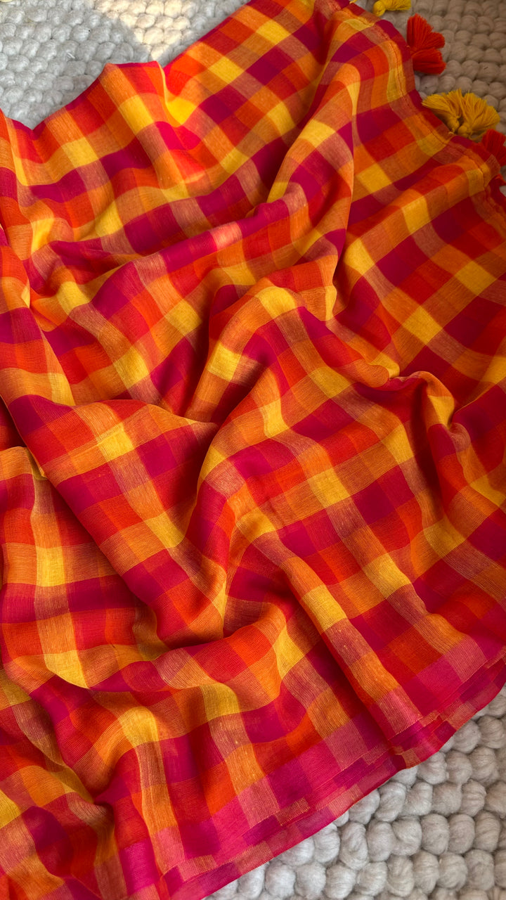 MULTICOLOUR CHECKS PURE SUPER SOFT MULMUL COTTON SAREE - 015