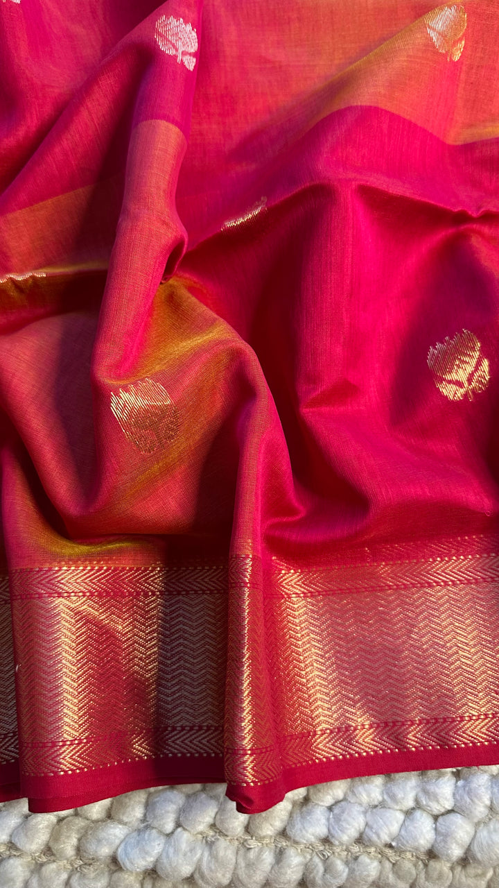 HOT PINK & ORANGE DUAL TONE- PREMIUM HANDWOVEN MAHESHWARI SILK BY COTTON SAREE (DISPATCH TIME IS 10-15 DAYS)