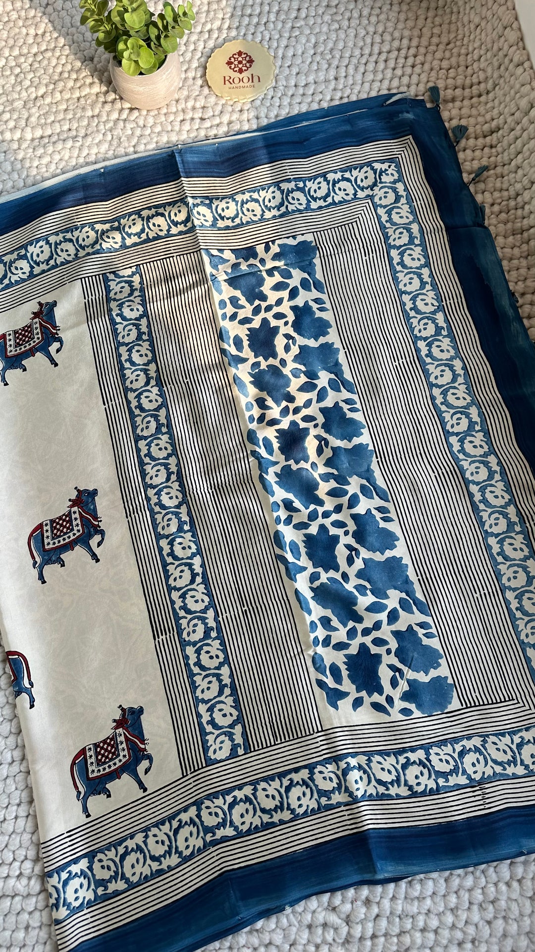 IVORY AND INDIGO PICHWAI  - AJRAKH HAND BLOCK PRINTED PREMIUM MODAL SILK SAREE (ONLY AVAILABLE ON PRE-ORDER - DISPATCH TIME IS 30-35 DAYS)