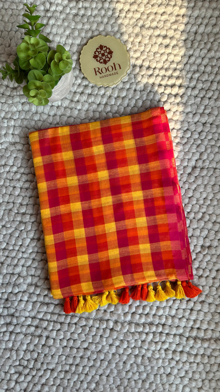 MULTICOLOUR CHECKS PURE SUPER SOFT MULMUL COTTON SAREE - 015