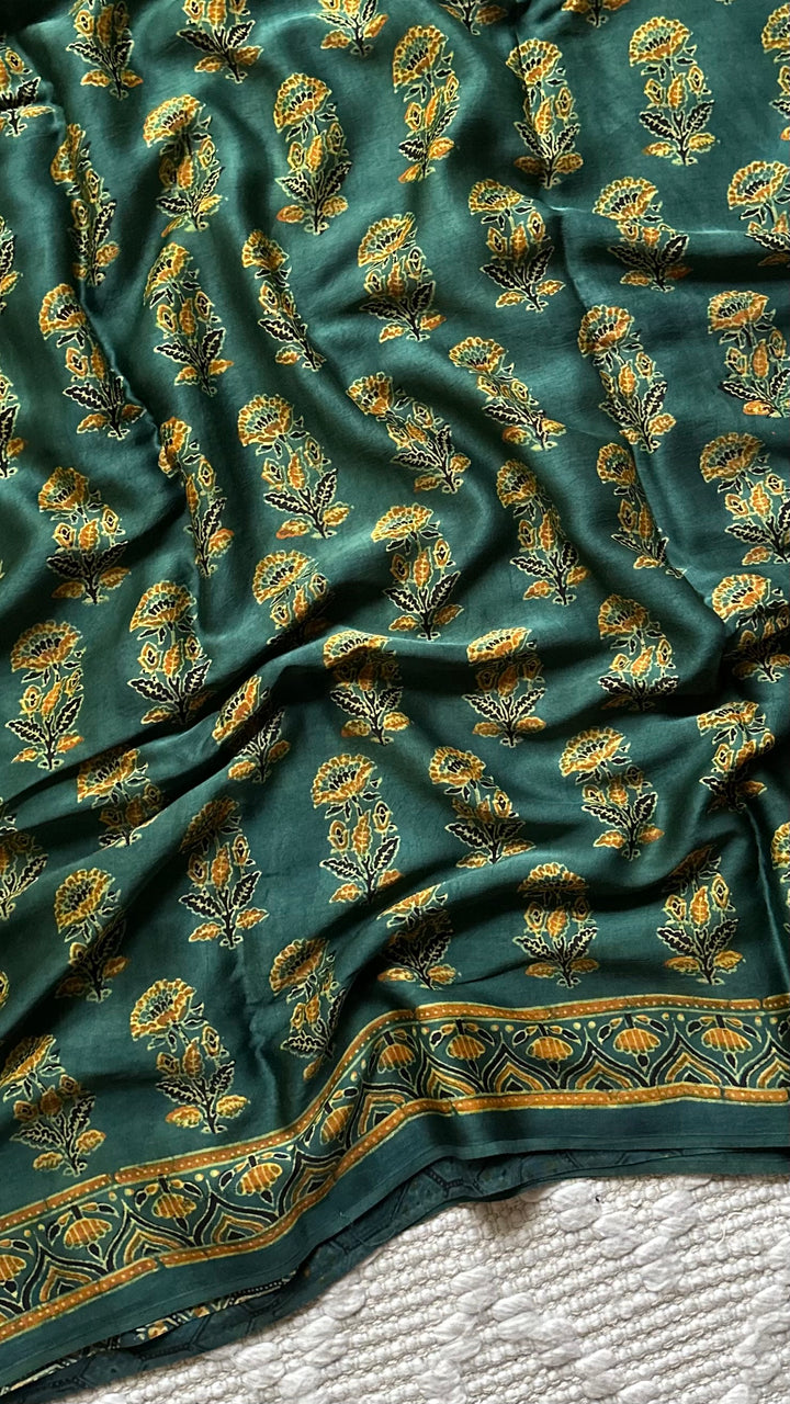 MAHIKA - DEEP GREEN PREMIUM AJRAKH HAND BLOCK PRINTED MODAL SILK SAREE
