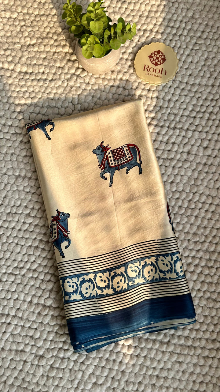 IVORY AND INDIGO PICHWAI  - AJRAKH HAND BLOCK PRINTED PREMIUM MODAL SILK SAREE (ONLY AVAILABLE ON PRE-ORDER - DISPATCH TIME IS 30-35 DAYS)